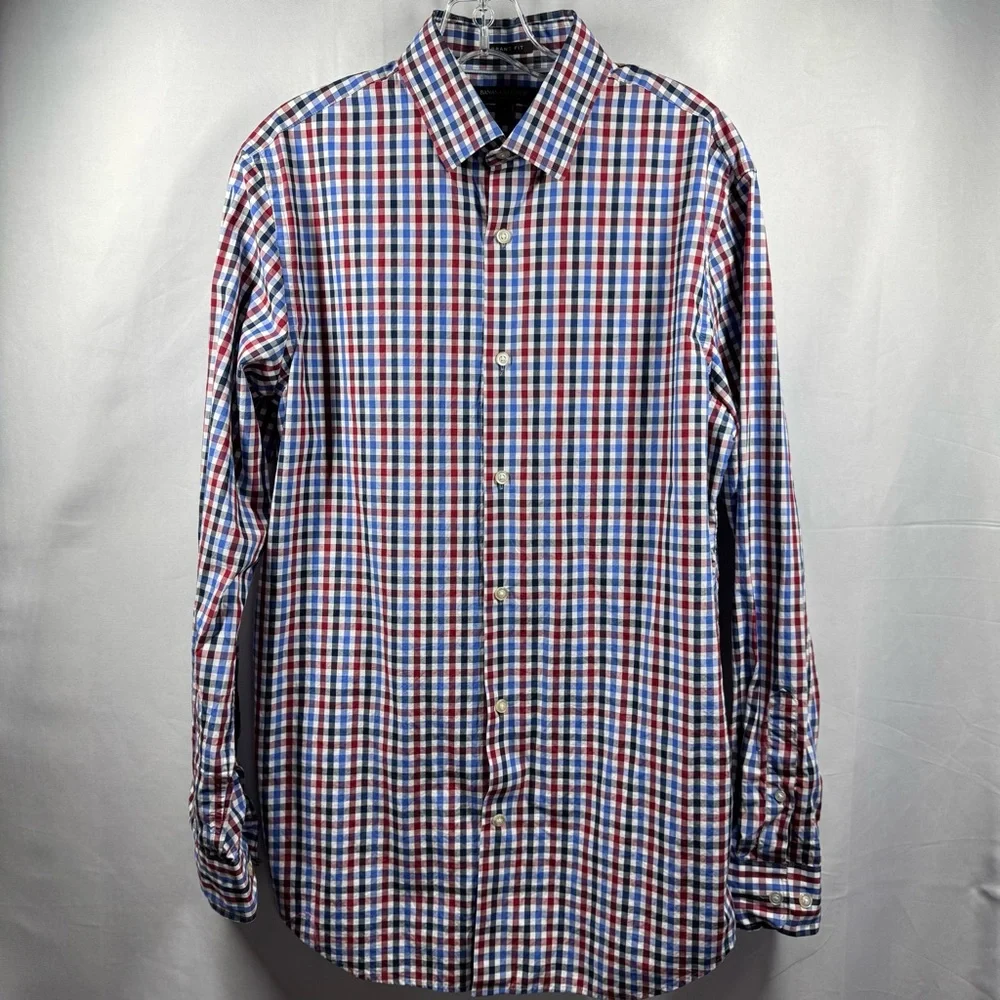 Banana Republic Men’s Med Red and Blue Button Down Shirt Supima Cotton Grant Fit